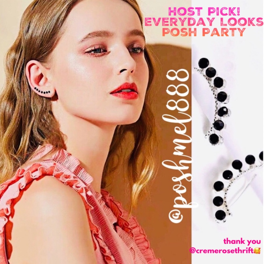 :: Delicate Black Crystal + Silver Ear Climbers